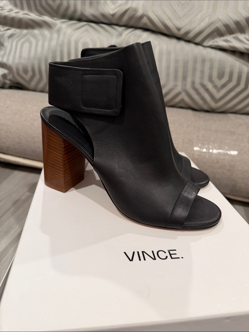 Vince Black Leather Open-Toe Block Heel Bootie